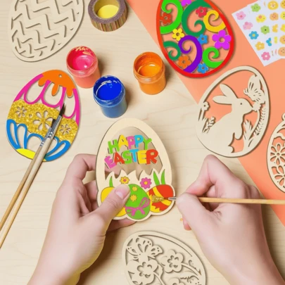 60pcs Unpainted Wooden Easter Eggs - DIY Hanging Decorations, Suitable For Easter Decor, Wooden Craft Painting Set, Holiday Decorations, Comes With Jute Ropes, Colored Pens, Bells, Stickers, DIY Party Favors, Holiday Decor, Unique Easter Gift