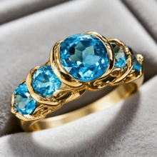 一枚镶嵌5颗圆形闪亮蓝色合成立方氧化锆的优雅戒指，奢华高贵，适合婚礼、订婚、周年纪念、浪漫场合、情人节等场合，是送给爱人的绝佳礼物。 - 戒指 - 查看 8