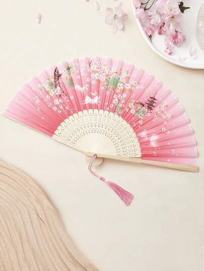 1pc Foldable Fan, Vintage Folding Fan Craft Gift Fan, Japanese Hanfu Dance Fan, Portable Silk Fan (Pattern, Color And Carving Design Randomly Sent), Back To School Gift