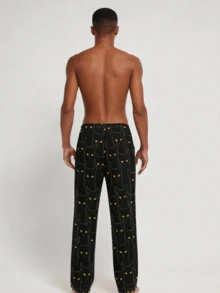 男士条纹小猫印花睡裤，家居服，适合春夏和秋冬秋季 - 黑色 - 查看 2