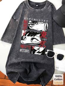 复古卡通图案宽松短袖黑色T恤，柔软舒适，休闲夏季款 - 黑色 - 查看 3