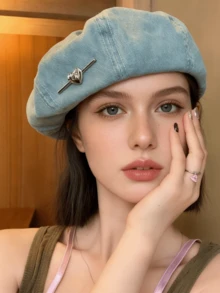 1pc Retro Denim Blue Heart-Shaped Beret Hat For Women, Metal Heart Decor Artist Cap, Versatile Spring/Autumn Hat, Adjustable Lining Fits Different Head Sizes School - Beret - View 3