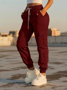 Women's Cargo Pants, Fashionable Y2K Style, Suitable For Christmas, Autumn, Outdoor, Formal Wear, Workwear, Casual, Sports, Loose Fit, Halloween, New Arrival, Autumn/Winter, Streetwear, Multi-Pocket, Elastic Waist, Airport, Back To School, Hot Selling - Burgundy - View 6