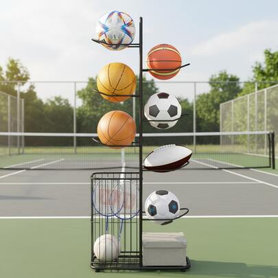  COSTWAY Garage Ball Storage Rack, 7-Tier Basketball Holder With Removable Hanging Rods, Side Ball Basket, Space-Saving Vertical Sports Equipment Organizer For Garage Basement, Black