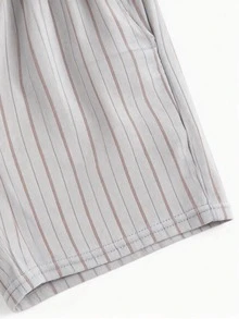 Snug League 2pcs Men's Casual Solid Color Loose Simple Wear-Out Round Neck Short Sleeve Plaid Shorts Pajama Set, Spring/Summer - Light Grey - View 4