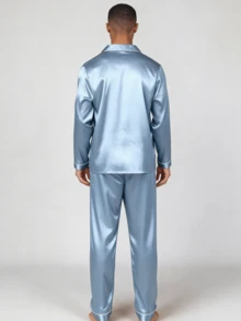 男士秋冬罗纹领单排扣长袖上衣和裤子休闲睡衣套装，秋季衣服 - 霧霾藍 - 查看 2