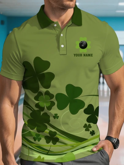 Personalized St. Patrick's Day Bowling Polo Shirts For Men, Custom Name & Team Leprechaun Clover Performance Polo, Lucky Bowling Team Jersey Gift