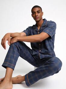 Snug League 2 件男士家居服套装 - 短袖开衫上衣和长裤，透气吸湿排汗睡衣 - 藏蓝色 - 查看 4