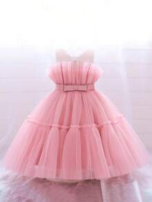 Young Girls Bowknot Tulle Princess Dress, Suitable For Party, Banquet, Birthday, Excluding Headband - Dusty Pink - View 4