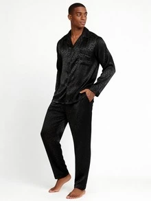 Snug League 两件套男士睡衣秋冬季长袖上衣和裤子丝绸缎豹纹睡衣家居服套装，秋季衣服 - 黑色 - 查看 1