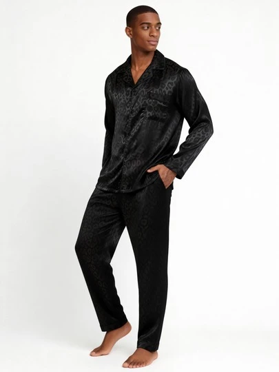  Snug League Two Pieces Sets Men's Pajamas Autumn And Winter Long Sleeved Top & Pants Silk Satin Leopard Print Sleepwear Home Suit Set, Fall Clothes