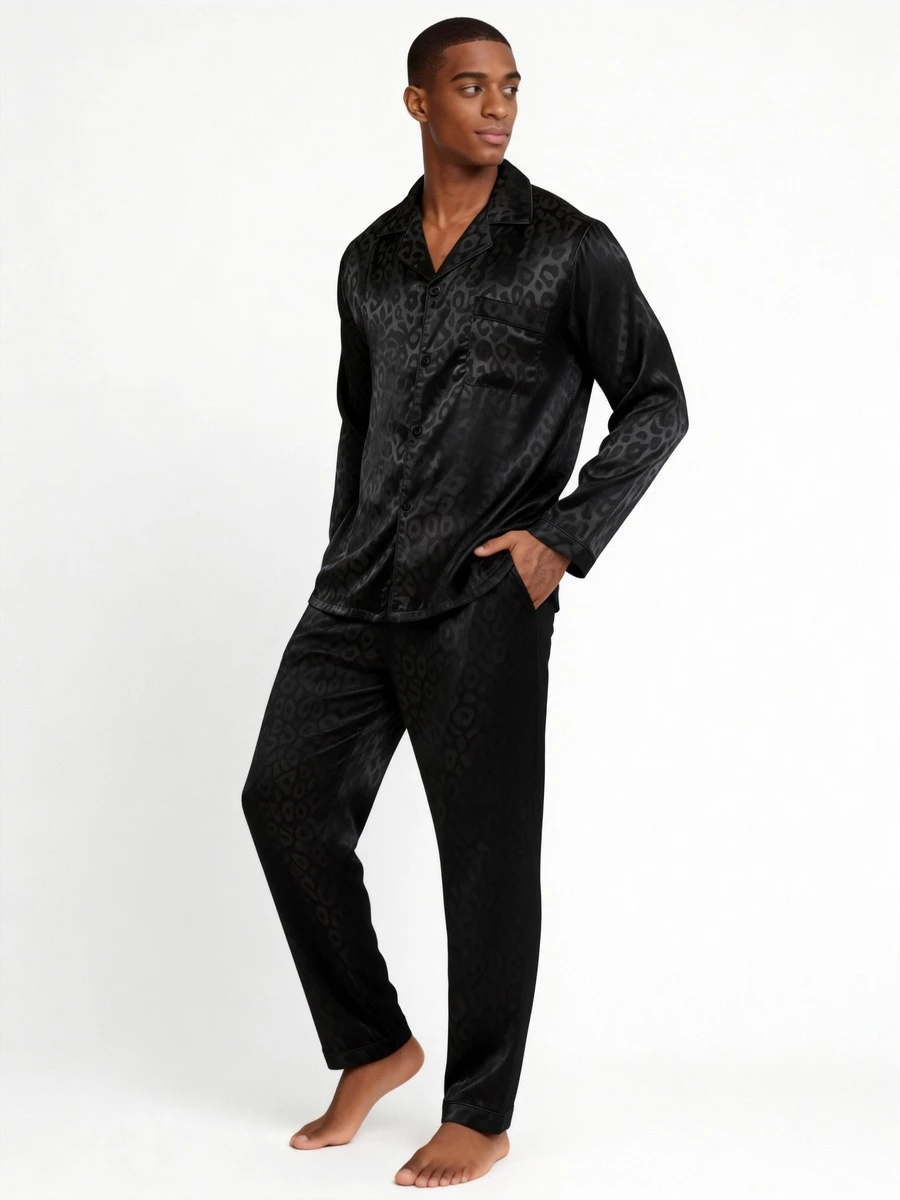 Snug League 两件套男士睡衣秋冬季长袖上衣和裤子丝绸缎豹纹睡衣家居服套装，秋季衣服 - 黑色 - 查看 1