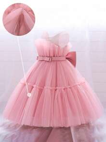 Young Girls Bowknot Tulle Princess Dress, Suitable For Party, Banquet, Birthday, Excluding Headband - Dusty Pink - View 7