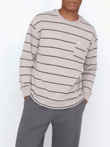 Snug League 2 件男士休闲宽松条纹圆领长袖套头衫和长裤睡衣套装，适合派对、居家、旅行、春季、秋季、冬季、秋季服装 - 淺灰色 - 查看 7