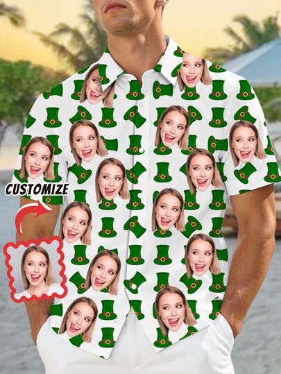 1pc Customizable Men's Summer Shirt, Upload Personal Photos, Button-Down Casual Shirt With Funny Face Design, Festive Casual Style, Suitable For Daily Casual Wear, Holiday Celebrations, Custom Men's Casual Dress Shirt, Perfect Gift For Friends, Significant Others, Family