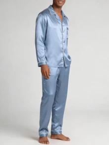 男士秋冬罗纹领单排扣长袖上衣和裤子休闲睡衣套装，秋季衣服 - 霧霾藍 - 查看 4