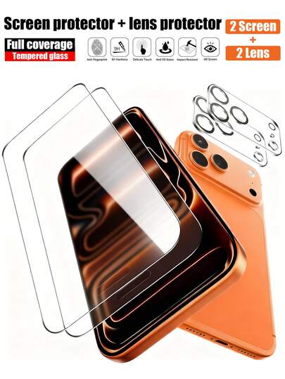 4 en 1 compatible con iPhone 17/Air/17 Pro/17 Pro Max/16 Pro Max/15 Pro Max/14 Pro Max/13/12/11Pro Max 2 piezas de protector de pantalla + 2 piezas de protector de lente Protección (resistencia a arañazos, roturas, caídas) Vidrio templado de 9H con cobertura completa del borde
