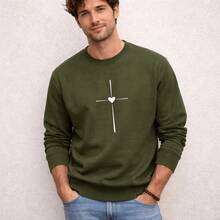 Moletom Masculino Gola Careca Redonda Blusa de Frio Estampado Cruz Coração 100% Algodão Confortável Quente - Verde Militar - Visão 1