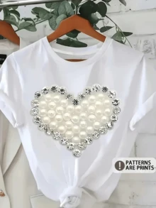 Women's Plus Size Casual T Shirt For Heart-Shaped Pearl & Rhinestone Graphic Fashion Printed Short Sleeved Spring/Summer/Fall T-Shirt Tee Round Neck Comfortable Top Suitable For Daily Wear Vacation Outdoor Clothing - trắng - Xem 1