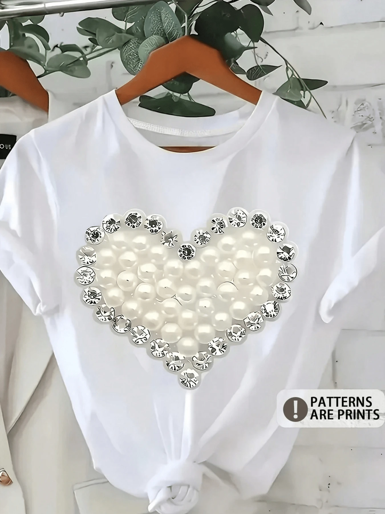Women's Plus Size Casual T Shirt For Heart-Shaped Pearl & Rhinestone Graphic Fashion Printed Short Sleeved Spring/Summer/Fall T-Shirt Tee Round Neck Comfortable Top Suitable For Daily Wear Vacation Outdoor Clothing - trắng - Xem 1