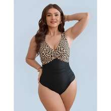 Plus Size Swimsuit Women Geometric Print V Neck One Piece Bathing Suit Ruched Tummy Control Swimwear For Surfing Beach Vacation - Multicolor 1443 - View 1