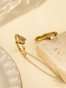 Bộ 2 chiếc nhẫn đơn giản và nhẫn đôi hình bướm hai lớp bằng thép không gỉ mạ vàng 18k, đính đá Cubic Zirconia 2mm, thích hợp làm phụ kiện đeo hàng ngày hoặc quà tặng cho nữ. - Vàng - Xem 4