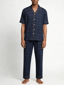 Snug League 2 件男士家居服套装 - 短袖开衫上衣和长裤，透气吸湿排汗睡衣 - 藏蓝色 - 查看 1