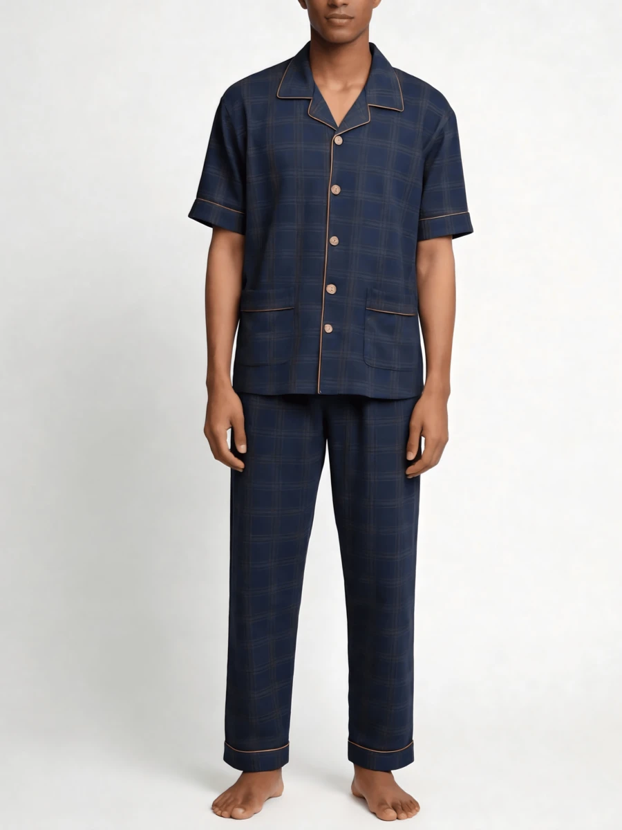 Snug League 2 件男士家居服套装 - 短袖开衫上衣和长裤，透气吸湿排汗睡衣 - 藏蓝色 - 查看 1
