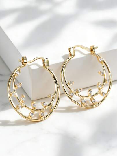 Women's Gold-Plated Double-Layer Hoop Earrings With Leaf-Shaped Zirconia Accents, Minimalist Elegant Style, Suitable For Daily Commute And Work Outfits, An Ideal Gift For Fashion Enthusiasts