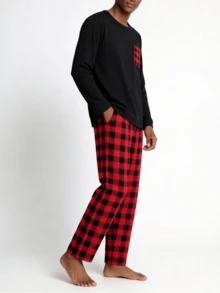 男士睡衣套装，长袖圆领上衣和格子长裤，适合所有季节，简约家居两件套，秋冬服装 - 黑色 - 查看 4