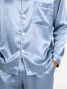 男士秋冬罗纹领单排扣长袖上衣和裤子休闲睡衣套装，秋季衣服 - 霧霾藍 - 查看 7