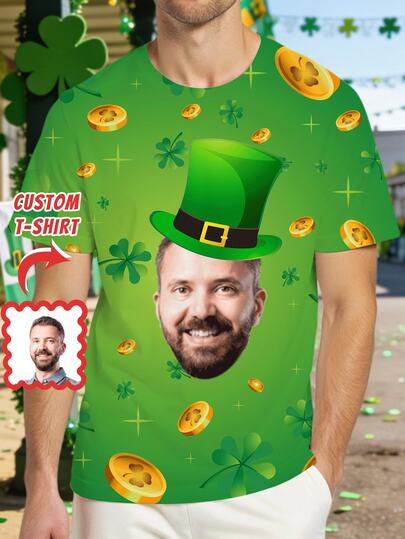 Customized Funny Face Men's T-Shirt, Father's Day Men's Short Sleeve T-Shirt - Interesting Face Design, Personalized Clothing, Create A Unique Gift For Family And Friends