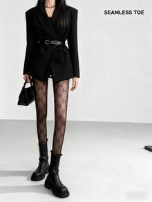 1件大码高弹力花卉图案渔网打底裤，性感黑色网眼紧身裤，适合万圣节装扮 - 黑色 - 查看 5