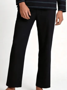 Snug League 2 件男士休闲宽松条纹圆领长袖套头衫和长裤睡衣套装，适合派对、居家、旅行、春季、秋季、冬季、秋季服装 - 黑色 - 查看 6