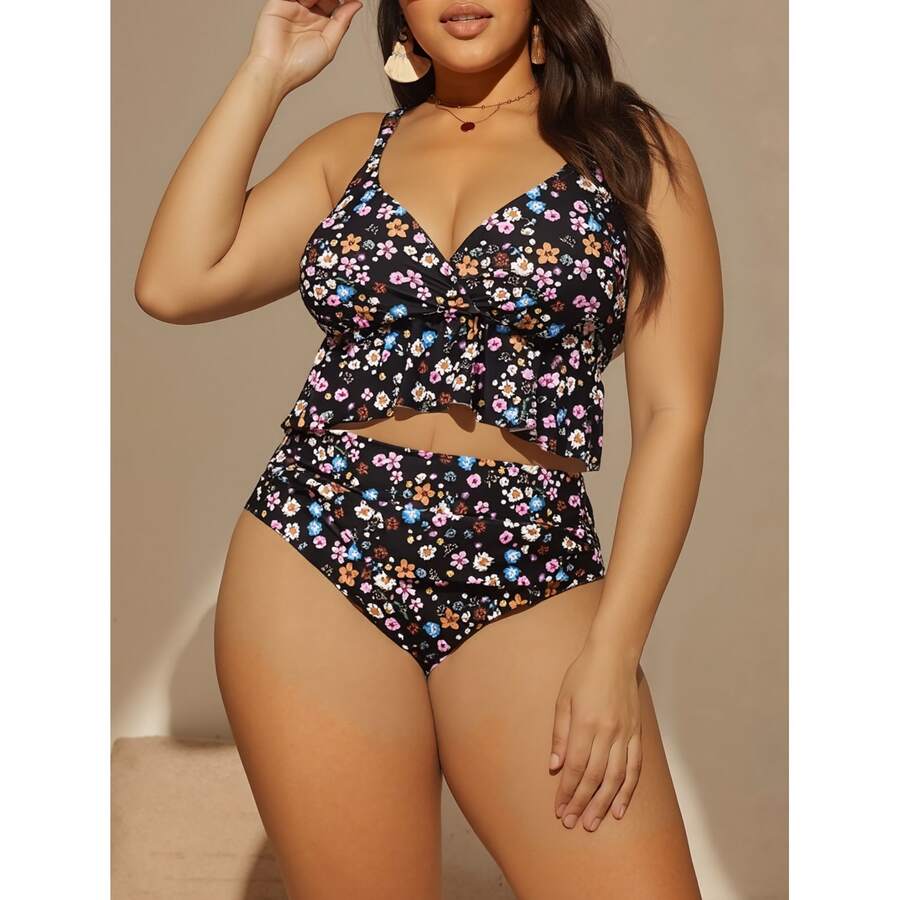Plus Size Tankini Swimsuit Ditsy Floral - Ruffle Swim Top & High Waisted Bottoms - Women's Swimwear For Beach, Pool, Vacation - Adjustable Straps - 多色1422 - 查看 1