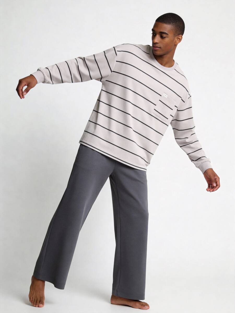 Snug League 2 件男士休闲宽松条纹圆领长袖套头衫和长裤睡衣套装，适合派对、居家、旅行、春季、秋季、冬季、秋季服装 - 淺灰色 - 查看 1