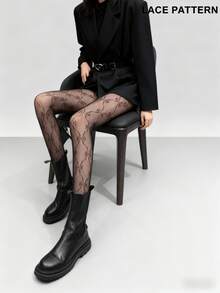 1件大码高弹力花卉图案渔网打底裤，性感黑色网眼紧身裤，适合万圣节装扮 - 黑色 - 查看 2