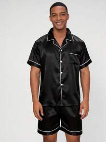 Snug League Two Pieces Sets Men's Satin Pajama Set Shorts Silk Sleepcoat Button Style Short Sleeved Cardigan Top Home Clothing Summer Simple Solid Color Series Loungewear - Black - View 3
