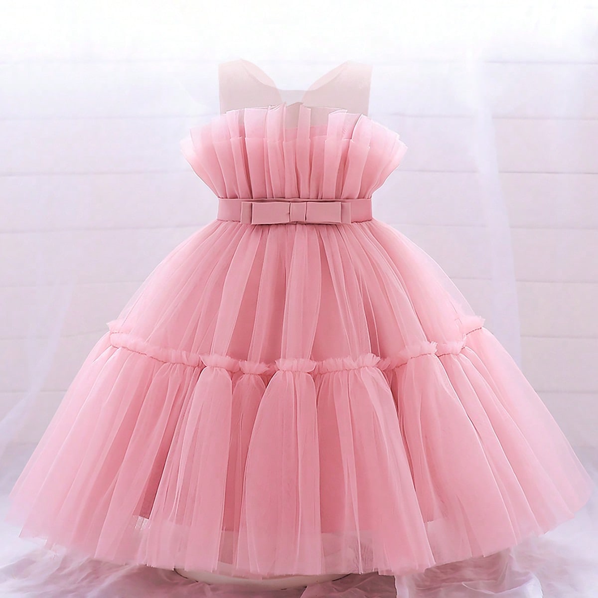 Vestido de princesa de tul con lazo para niñas, adecuado para fiestas, banquetes y cumpleaños, sin diadema