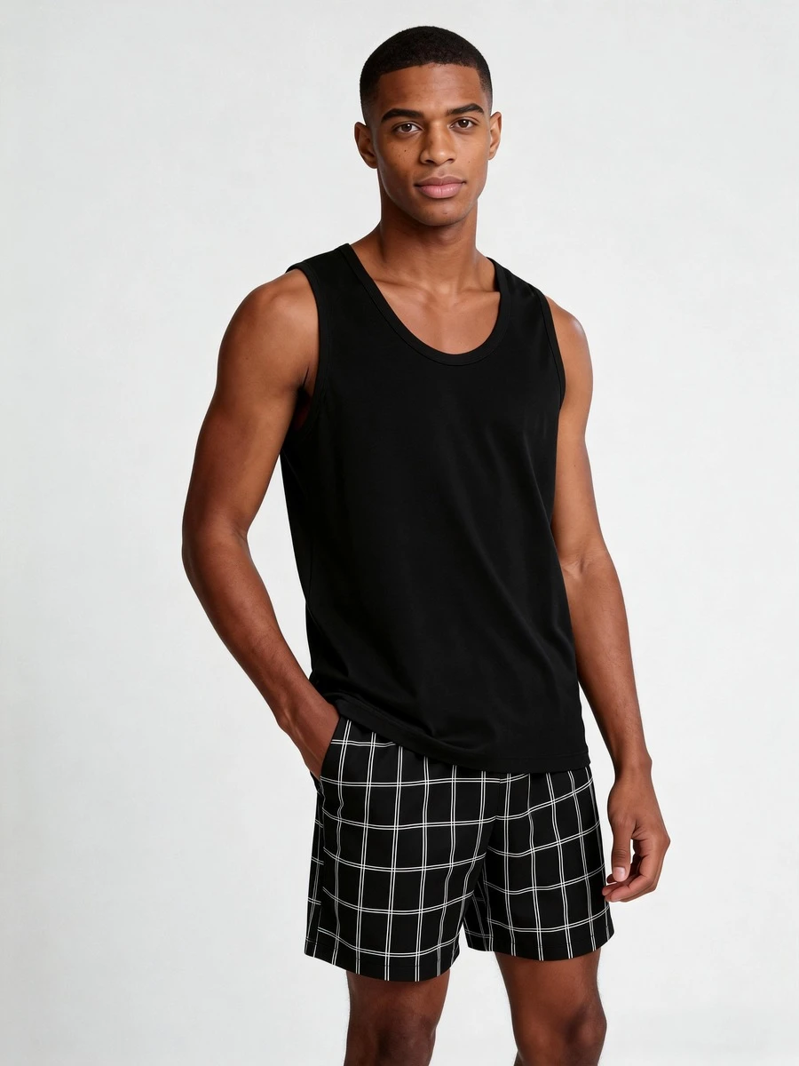 Snug League 2pcs Men's Solid Color Casual Loose Basic Round Neck Vest Top And Plaid Shorts Pajama Set, Suitable For Spring And Summer Loungewear - Black - View 1