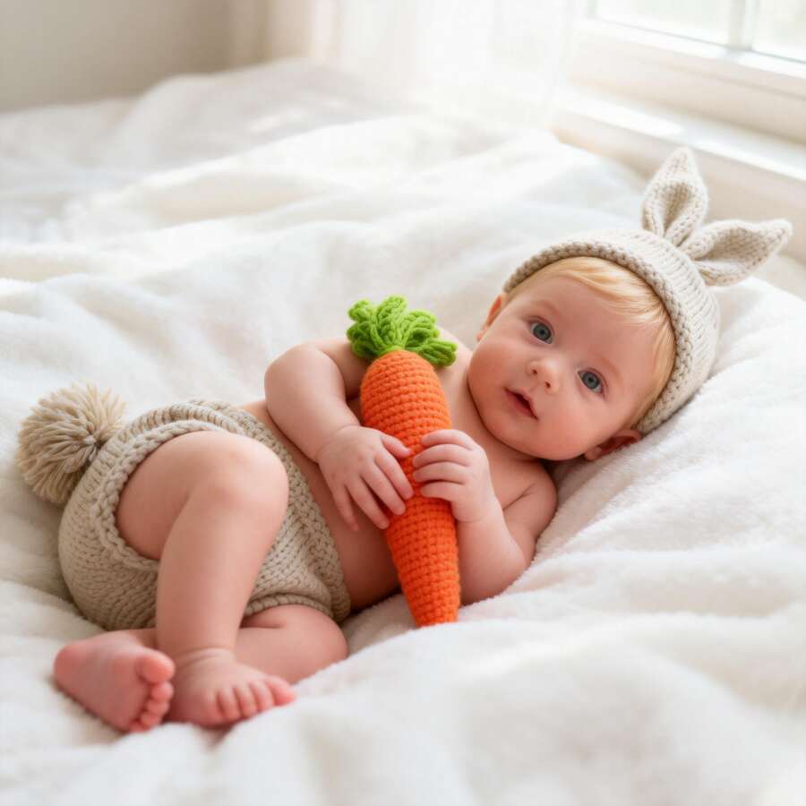 Newborn Photography Props Set, Cute Rabbit & Carrot Baby Growth Photo Props, Easter Costume Outfit - Multicolor - View 1