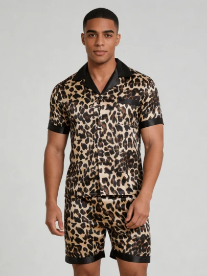 Snug League 男士两件套睡衣套装，短袖上衣和短裤，豹纹图案简约休闲丝绸家居服，夏季/春季