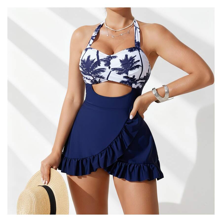 Tropical Swimsuit For Women Navy Blue Halter One Piece Bathing Suit Ruffled Skirt CutoutSwimwear Plus Size Available - 多色859 - 查看 1