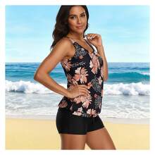 Tropical Floral Tankini Swimsuit For Women - Black & Coral Two Piece Bathing Suit - Tummy Controlwith Boy Shorts - Cute Summer Beach Swimwear - 多色888 - 查看 5