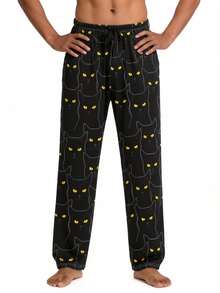 男士条纹小猫印花睡裤，家居服，适合春夏和秋冬秋季 - 黑色 - 查看 3