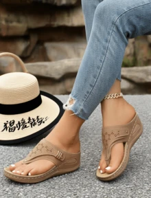 Summer Fashion New Thick - Soled Wedge Women's Sandals, Hollow And Breathable, Comfortable And Versatile For Beach Vacations And Casual Wear, Suitable For Daily Shopping Trips - Brown - View 4
