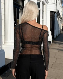 Dila Polly Women's Spring/Summer Shiny Mesh Asymmetric-Shoulder Long Sleeve Sheer Sexy Fashion Blouse, Party Tops - Black - View 3