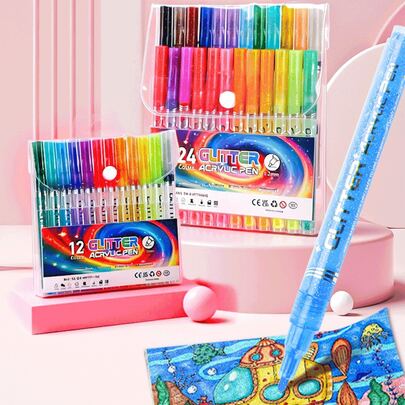 12/24 Colors Glitter Acrylic Paint Markers Set, Pressure Activated Ink Flow, Built-In Metallic Glitter Effect, Water-Based Quick Dry Easy Clean, Suitable For Paper/Stone/Wood/Ceramic, Ideal For Journaling, Greeting Cards, DIY Crafts, Children's Painting