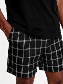 Snug League 2pcs Men's Solid Color Casual Loose Basic Round Neck Vest Top And Plaid Shorts Pajama Set, Suitable For Spring And Summer Loungewear - Black - View 7