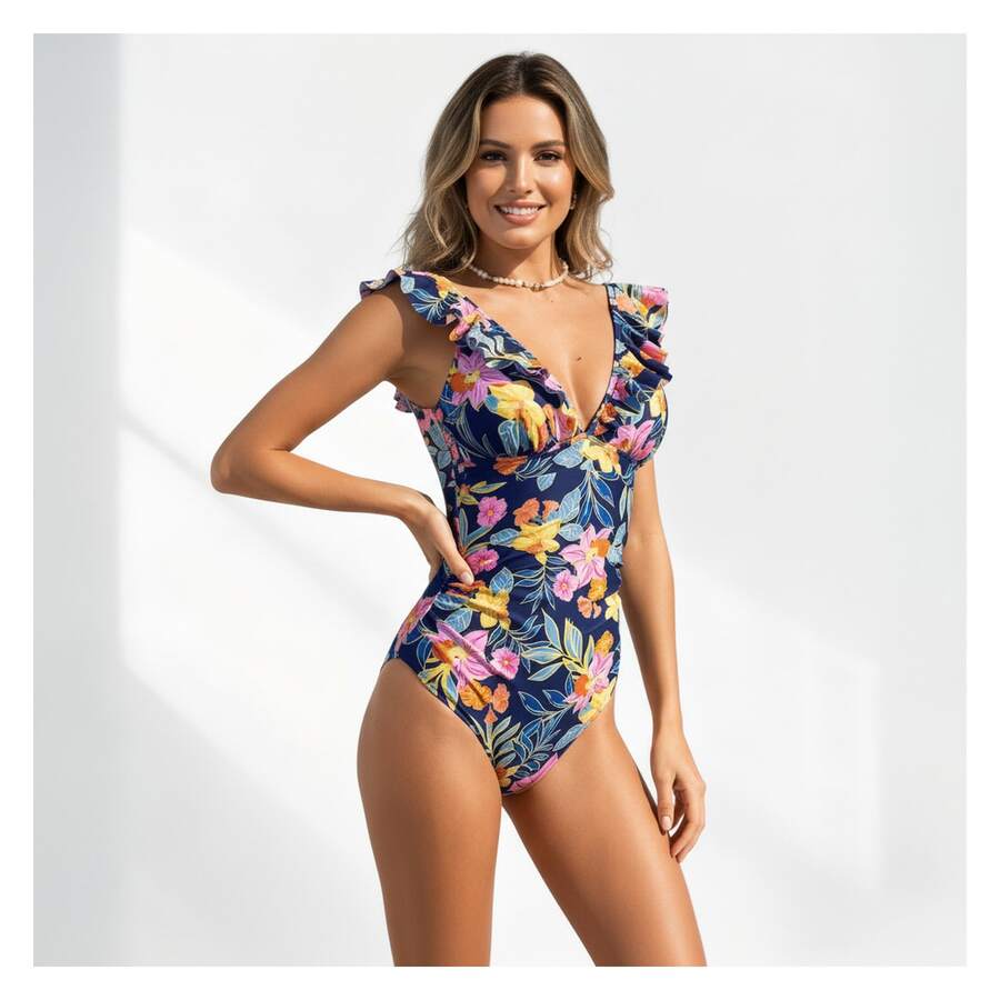 Floral Swimsuit For Women Navy Blue V Neck Ruffle One Piece Bathing Suit Tummy Control Beachwear Summer Plus Size Swimsuits - 多色891 - 查看 1